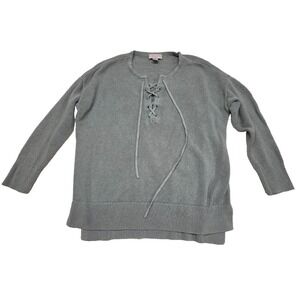 LOFT Olive Green Knit Sweater Large Lace-Up Neckline Long Sleeve